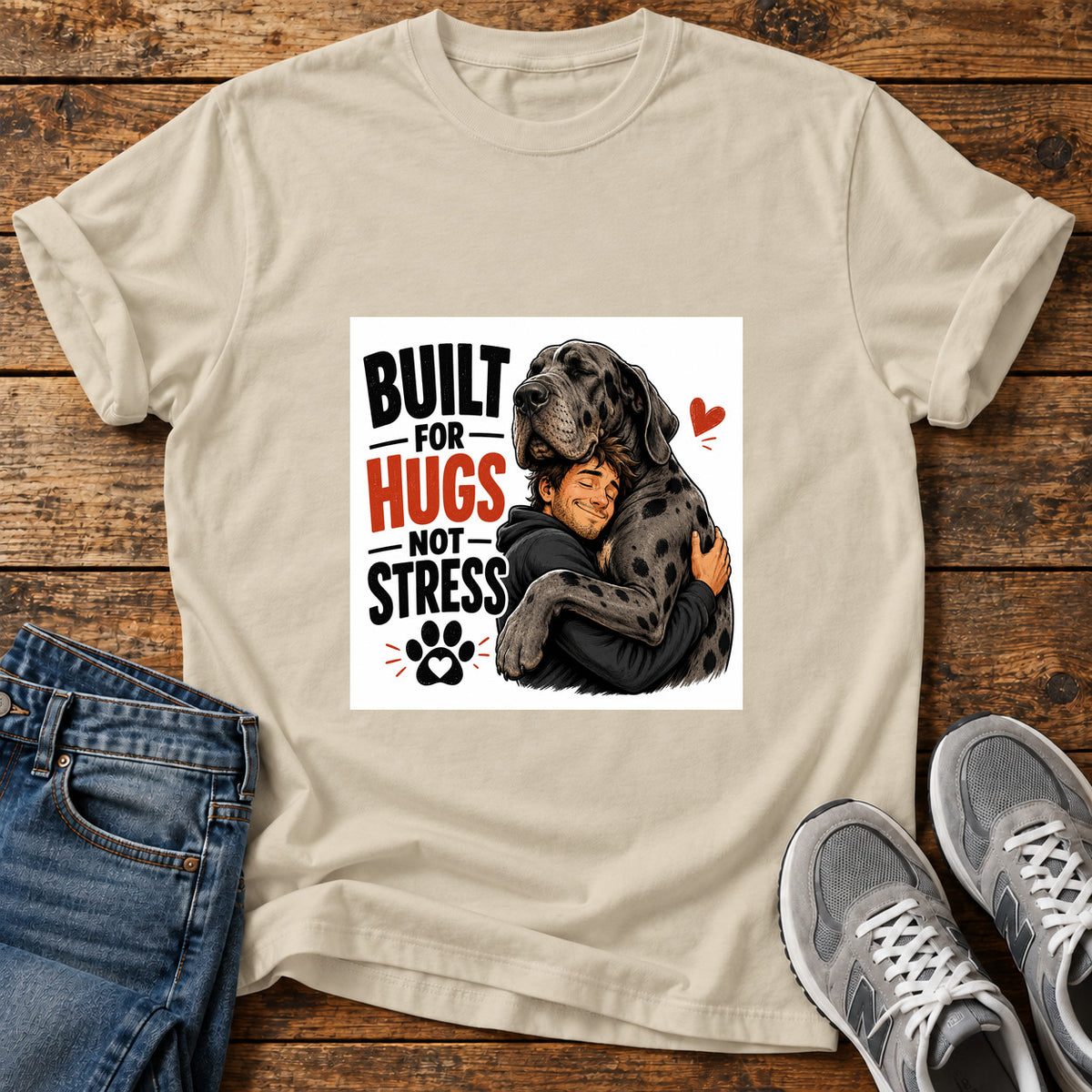 Built For Hugs Great Dane graphic T-shirt in Sand, shown on a flat-lay shirt mockup