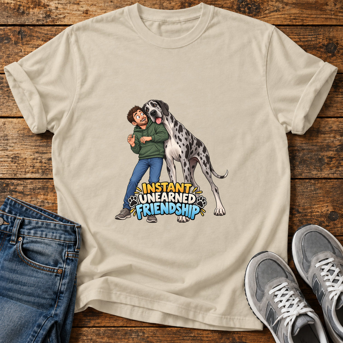 Instant Friendship Great Dane graphic T-shirt in Sand, shown on a flat-lay shirt mockup