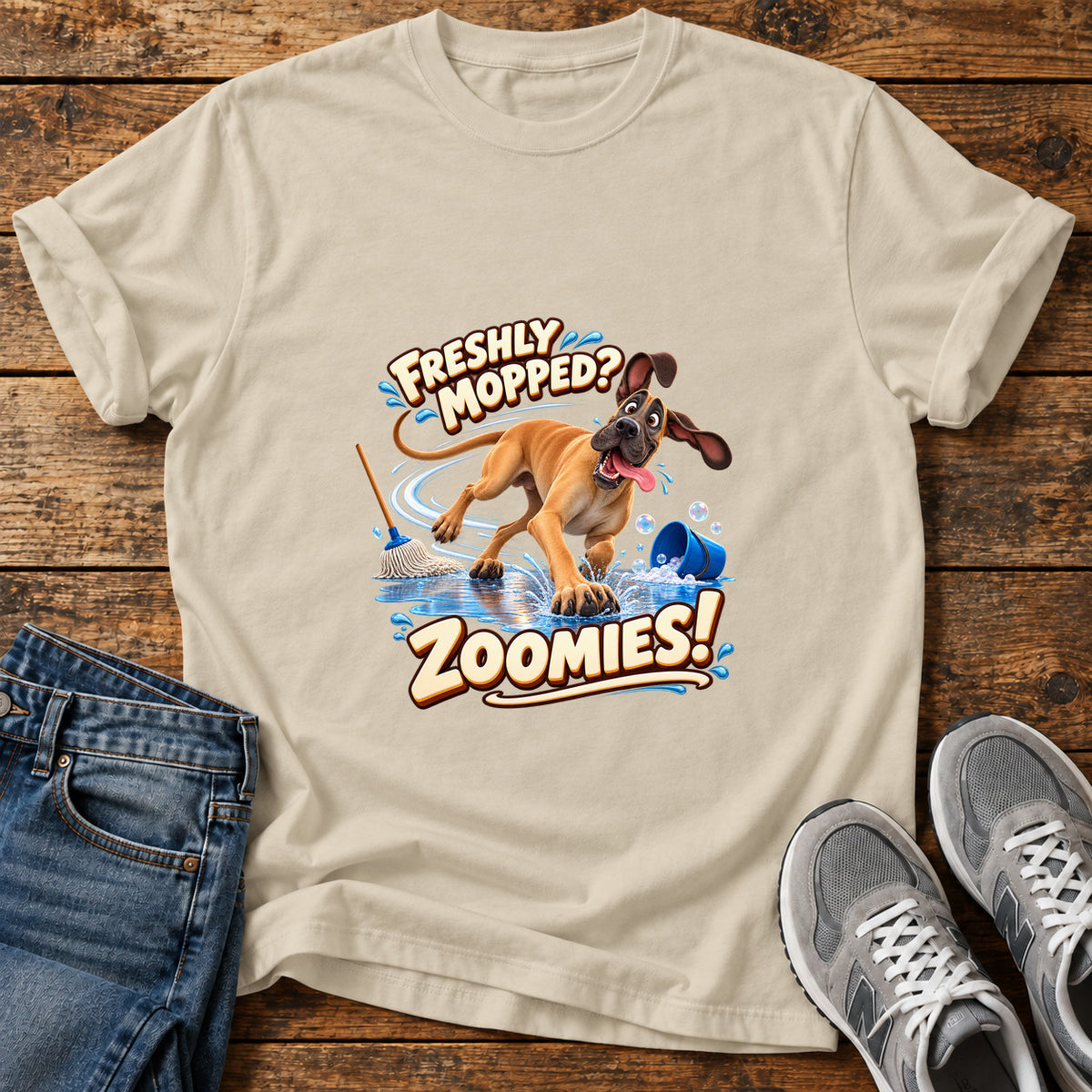 Freshly Mopped Zoomies Great Dane graphic T-shirt in Sand, shown on a flat-lay shirt mockup