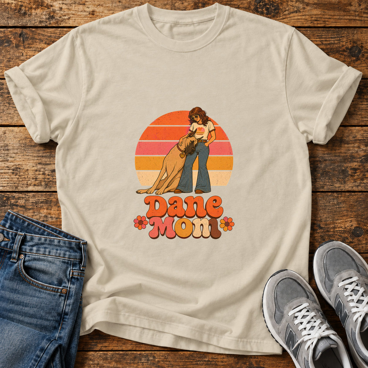 Dane Mom Great Dane graphic T-shirt in Sand, shown on a flat-lay shirt mockup