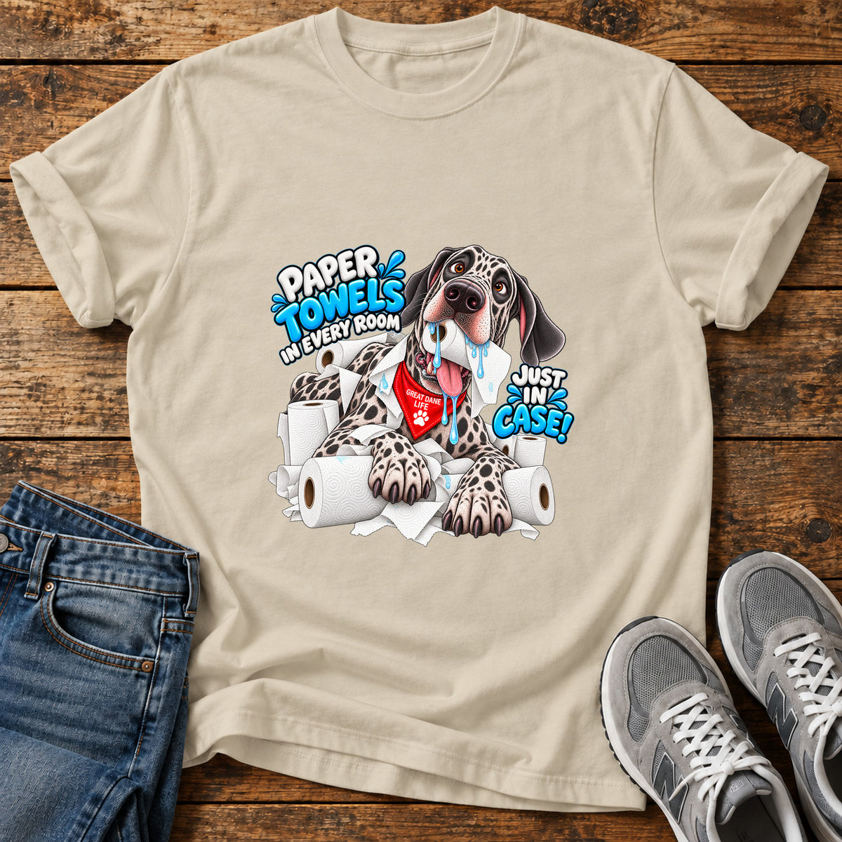 Paper Towels Pooch Great Dane graphic T-shirt in Sand, shown on a flat-lay shirt mockup