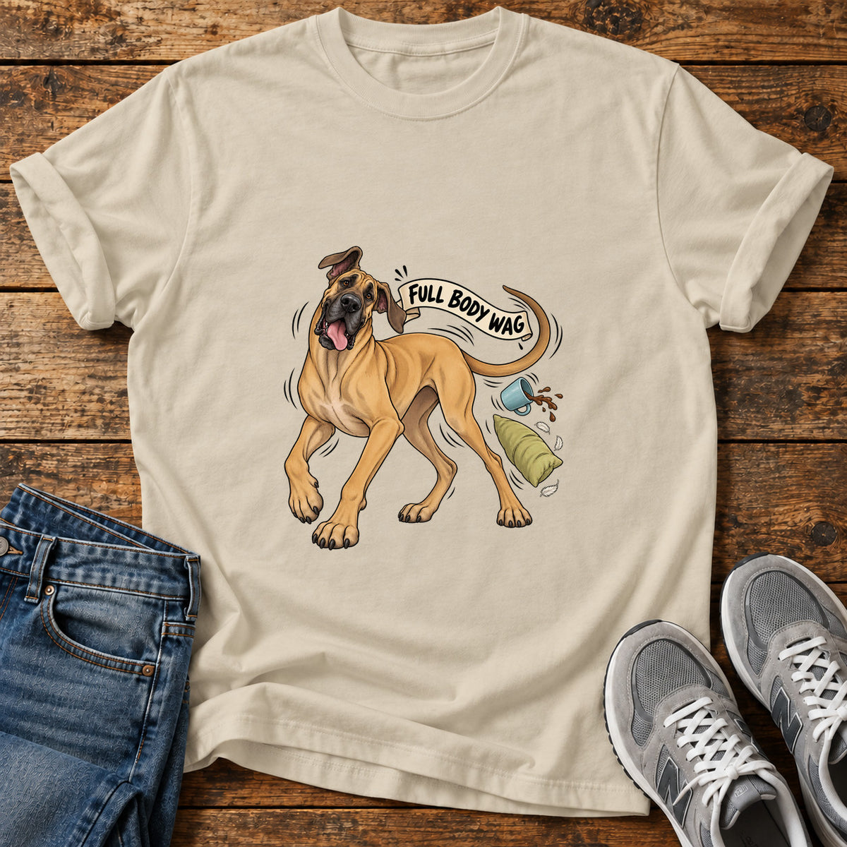 Full Body Wag Great Dane graphic T-shirt in Sand, shown on a flat-lay shirt mockup
