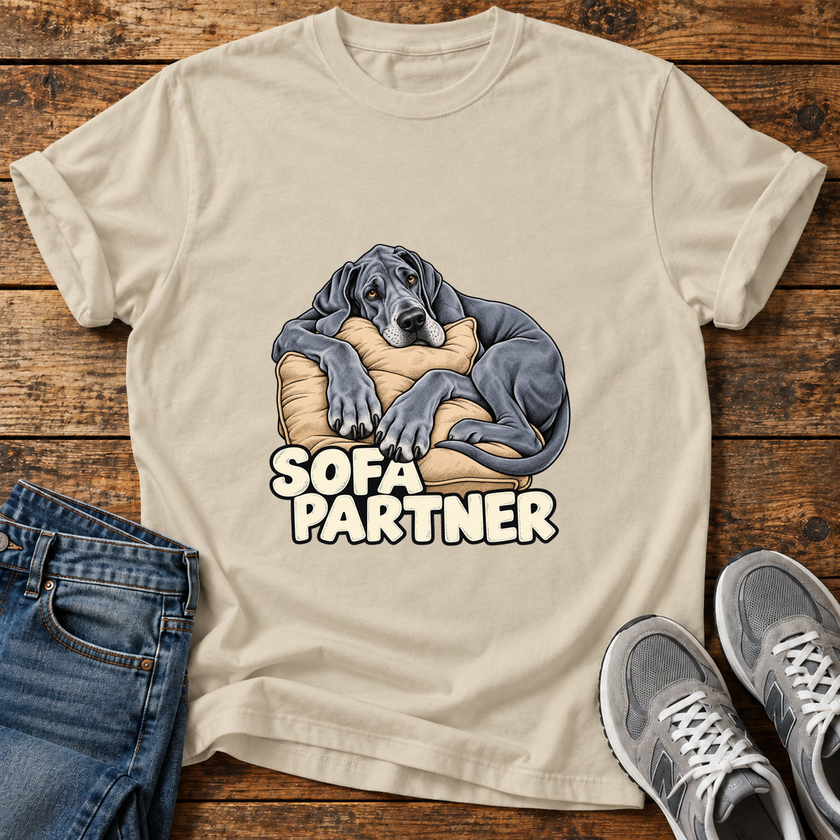 Sofa Partner Great Dane graphic T-shirt in Sand, shown on a flat-lay shirt mockup