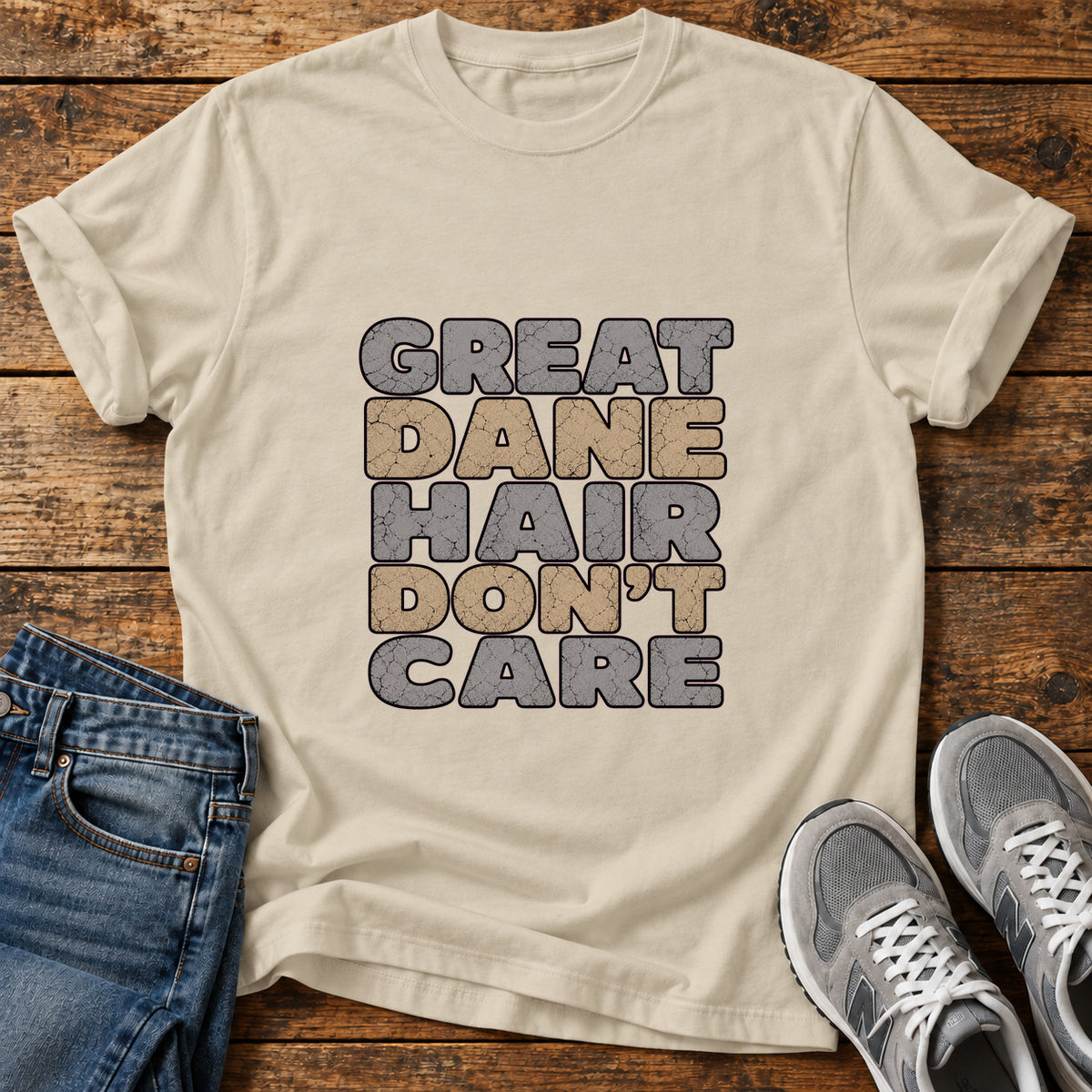 Great Dane Attitude graphic T-shirt in Sand, shown on a flat-lay shirt mockup