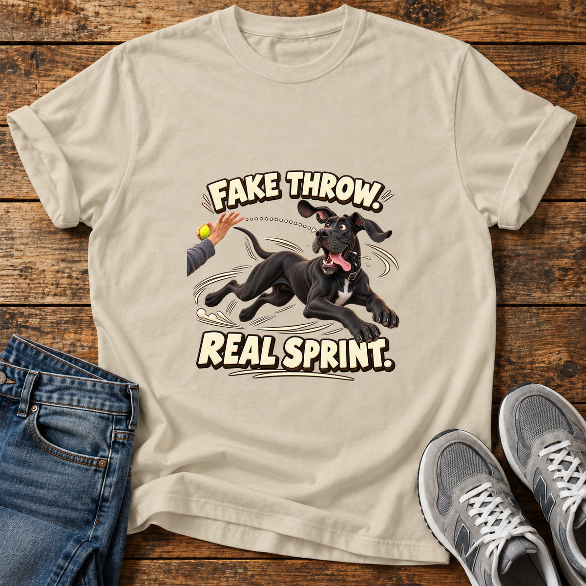 Fake Throw Sprint Great Dane graphic T-shirt in Sand, shown on a flat-lay shirt mockup