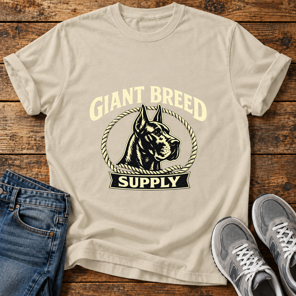 Giant Breed Supply Great Dane graphic T-shirt in Sand, shown on a flat-lay shirt mockup