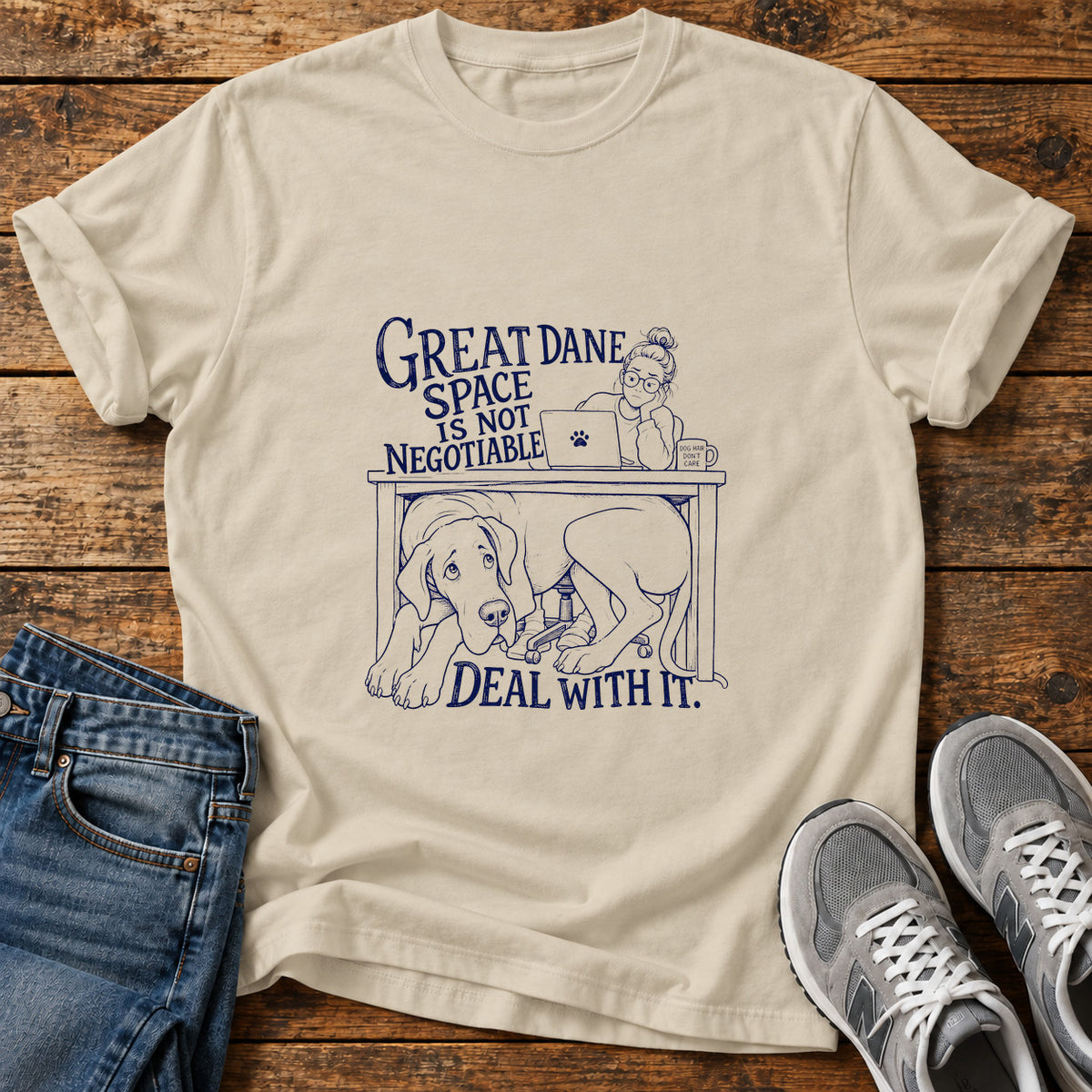 Great Dane Space graphic T-shirt in Sand, shown on a flat-lay shirt mockup