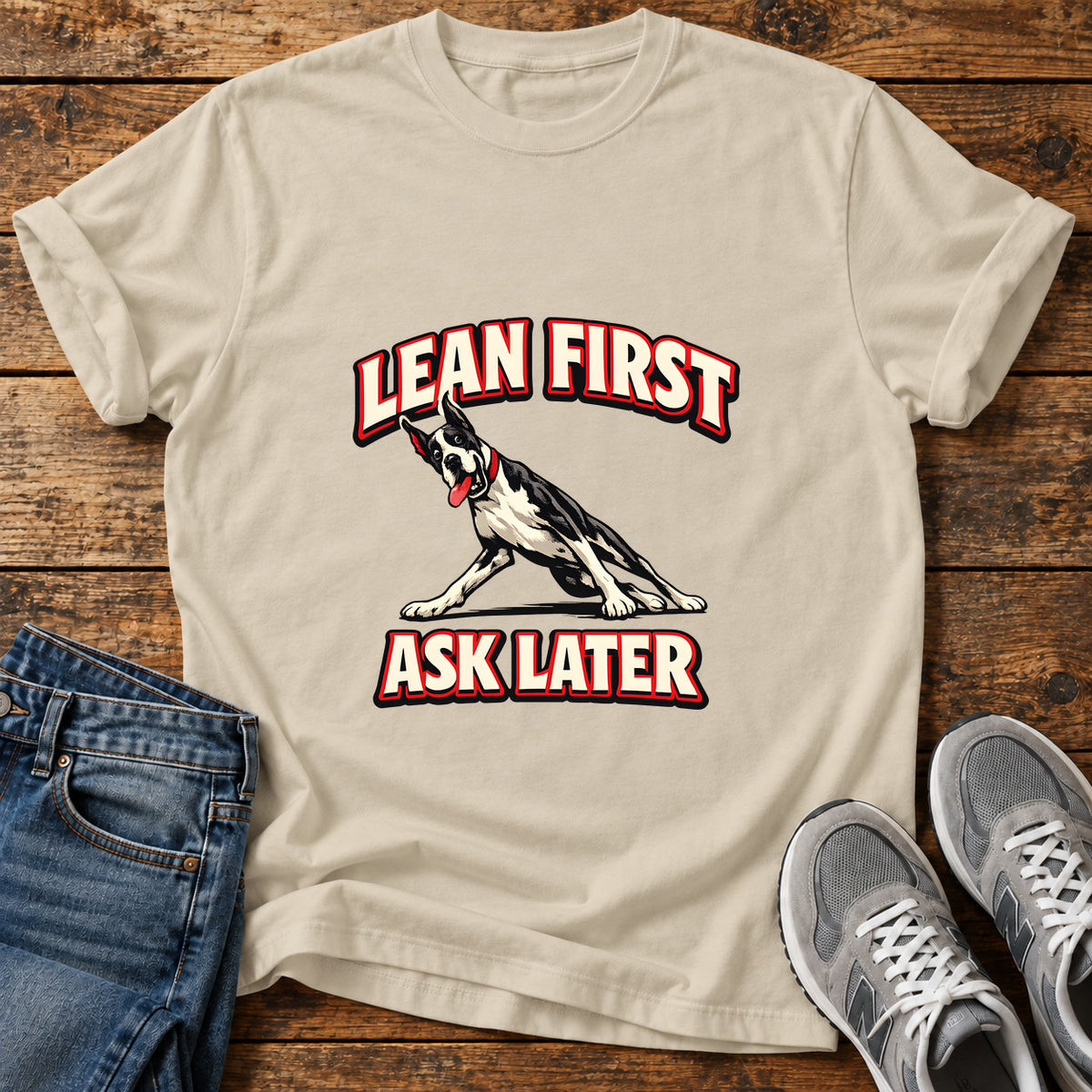 Lean First Great Dane graphic T-shirt in Sand, shown on a flat-lay shirt mockup