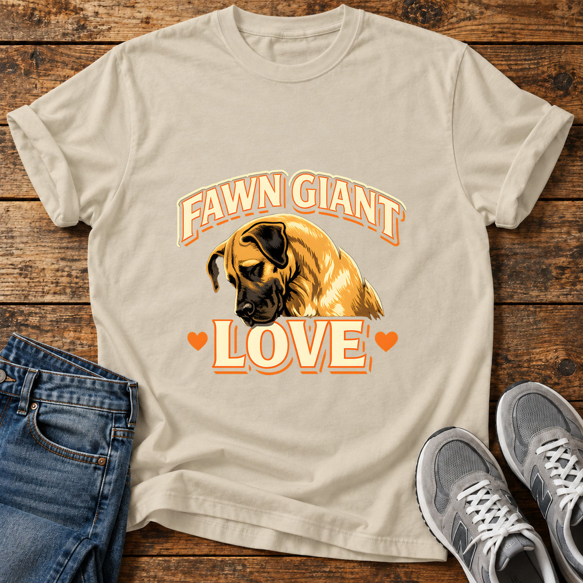 Fawn Giant Love Great Dane graphic T-shirt in Sand, shown on a flat-lay shirt mockup