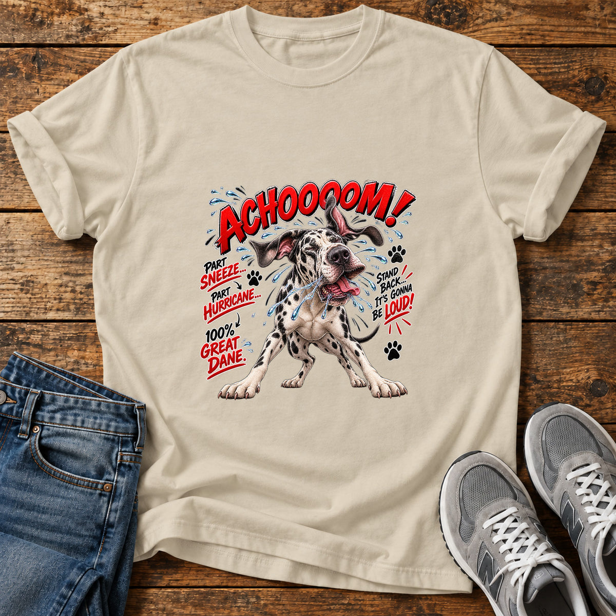 Achoooom Hurricane Great Dane graphic T-shirt in Sand, shown on a flat-lay shirt mockup