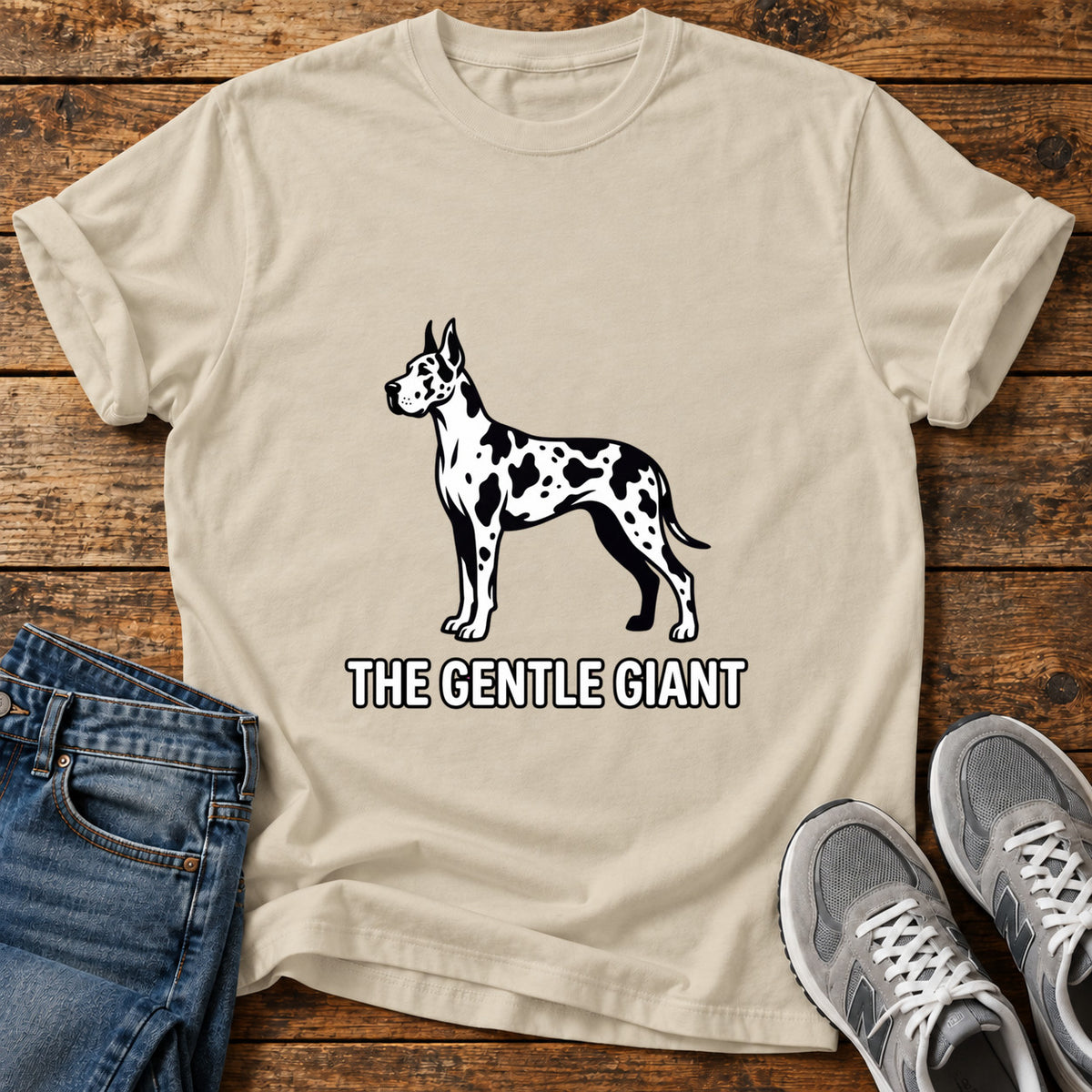 The Gentle Giant Great Dane graphic T-shirt in Sand, shown on a flat-lay shirt mockup