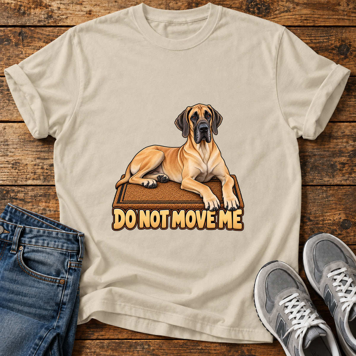 Do Not Move Great Dane graphic T-shirt in Sand, shown on a flat-lay shirt mockup