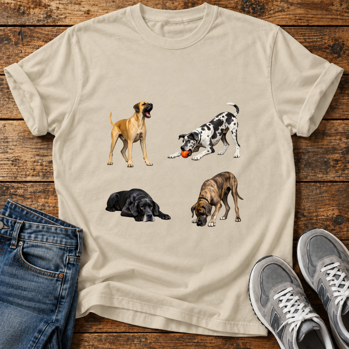 Great Dane Quartet graphic T-shirt in Sand, shown on a flat-lay shirt mockup