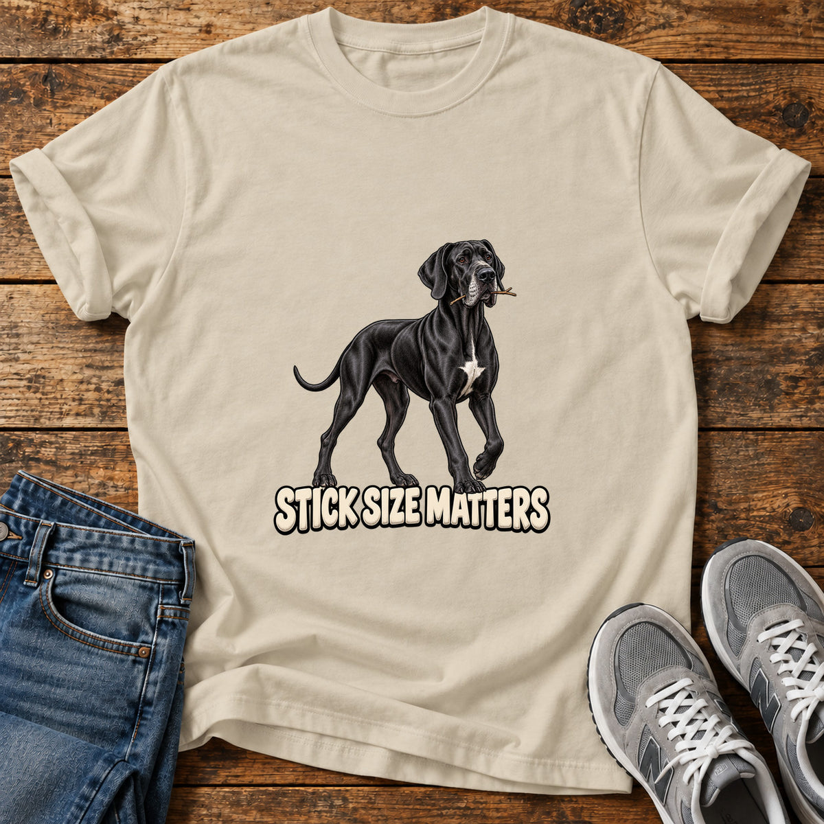 Stick Size Matters Great Dane graphic T-shirt in Sand, shown on a flat-lay shirt mockup