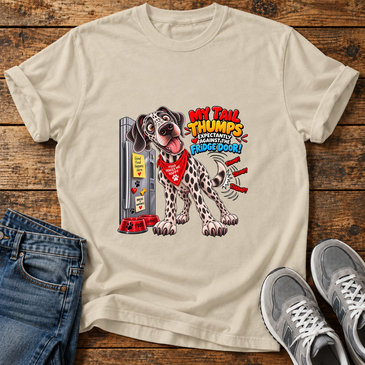 My Tail Thumps Great Dane graphic T-shirt in Sand, shown on a flat-lay shirt mockup