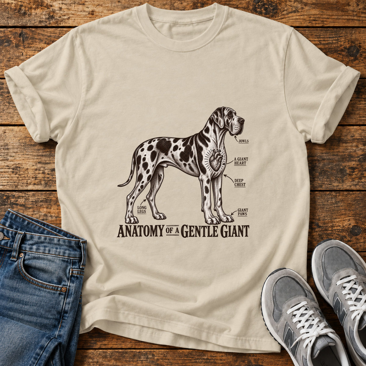 Gentle Giant Anatomy Great Dane graphic T-shirt in Sand, shown on a flat-lay shirt mockup