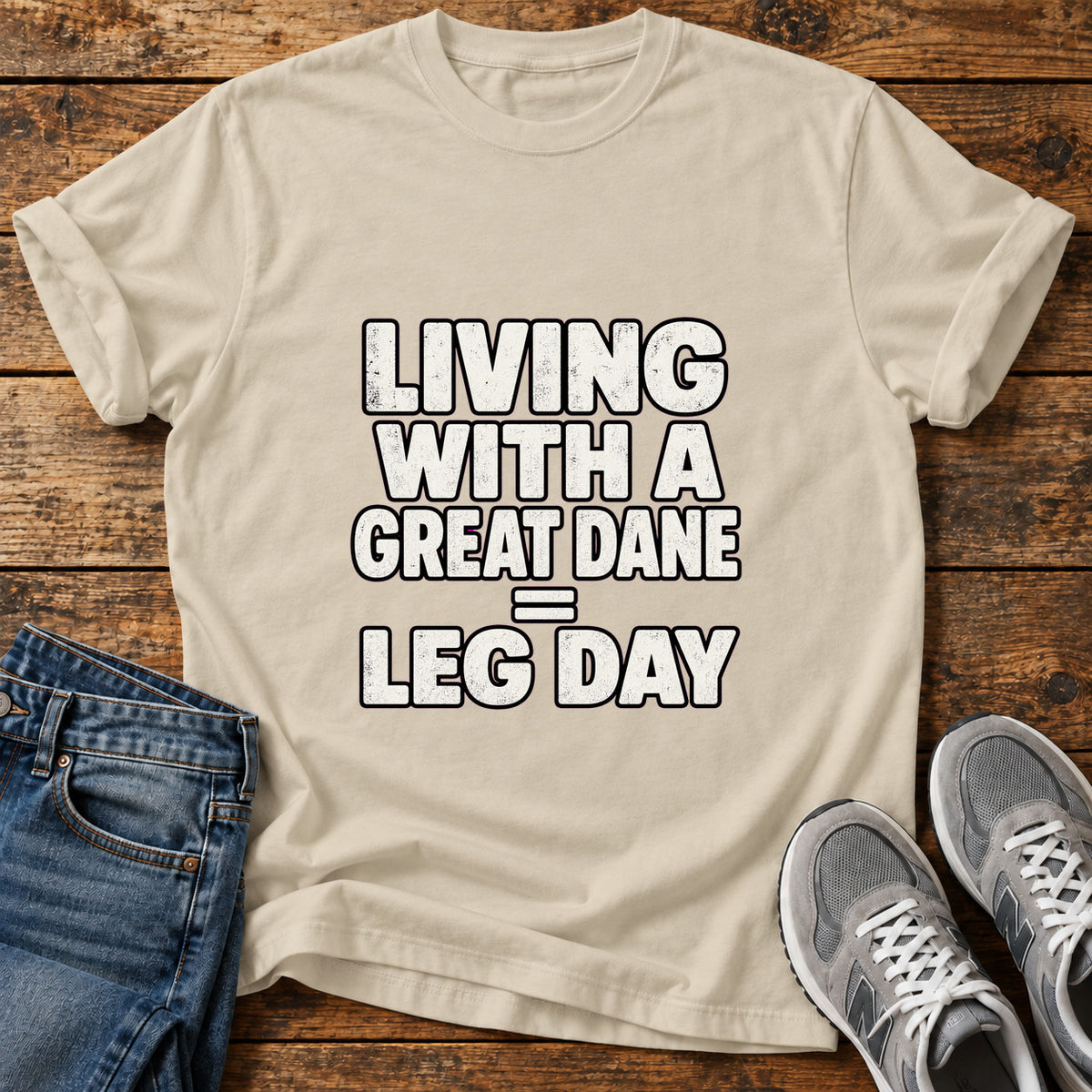 Great Dane Leg graphic T-shirt in Sand, shown on a flat-lay shirt mockup