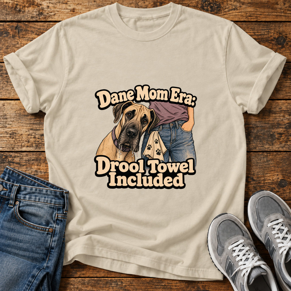 Drool Towel Included Great Dane graphic T-shirt in Sand, shown on a flat-lay shirt mockup