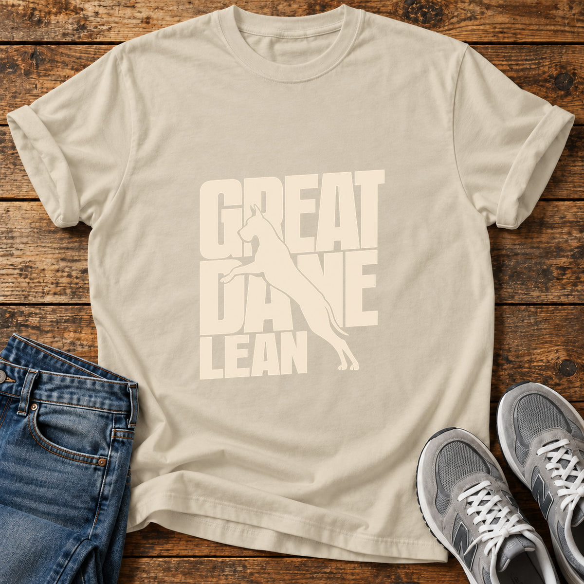 Great Dane Lean graphic T-shirt in Sand, shown on a flat-lay shirt mockup