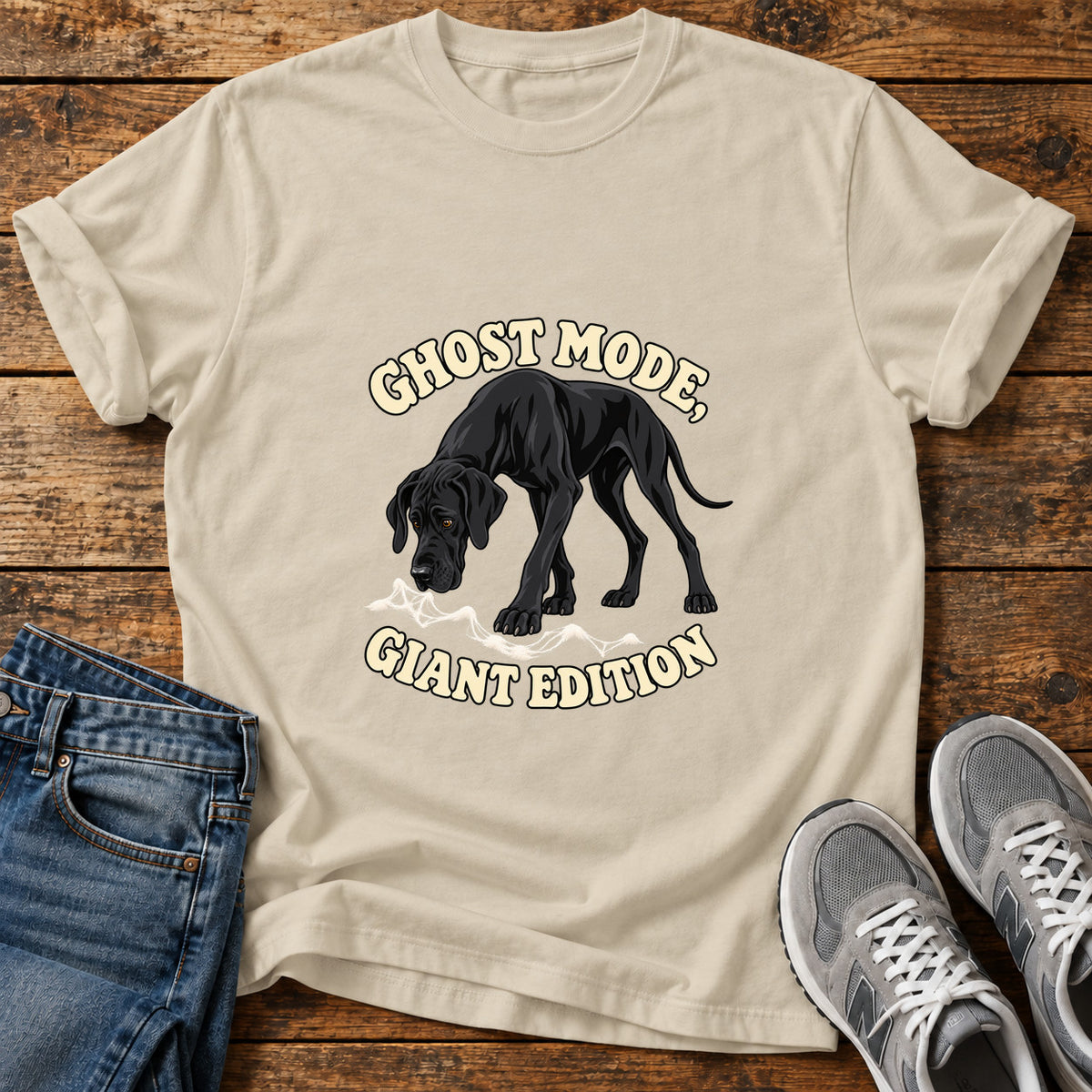 Ghost Mode Giant Great Dane graphic T-shirt in Sand, shown on a flat-lay shirt mockup