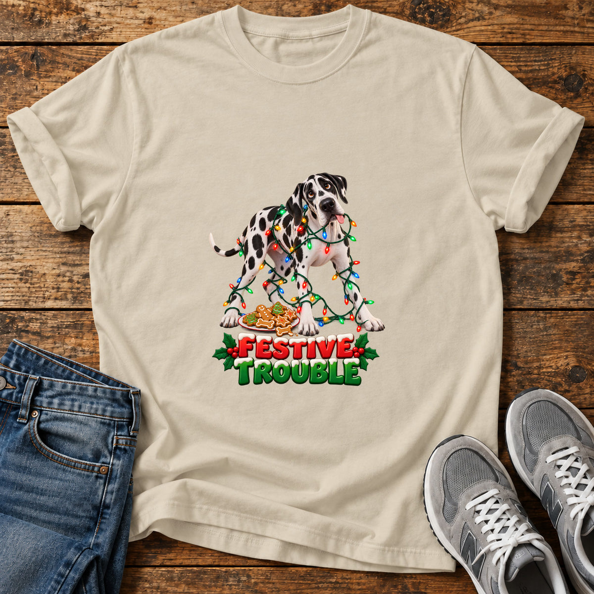 Festive Trouble Great Dane graphic T-shirt in Sand, shown on a flat-lay shirt mockup