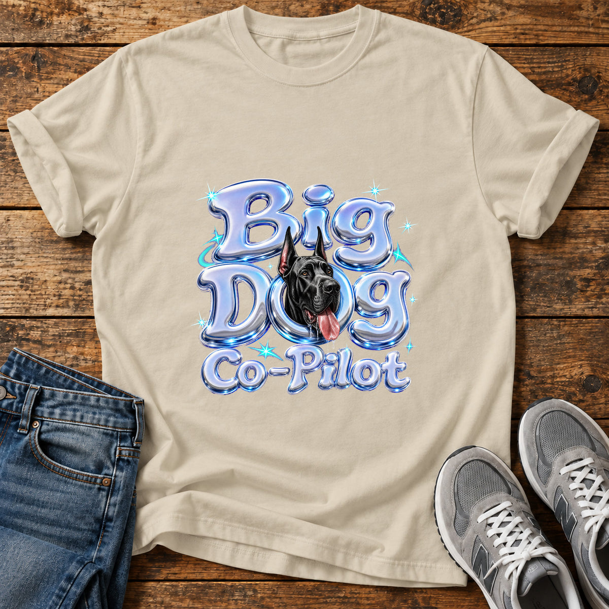Big Dog Co-Pilot Great Dane graphic T-shirt in Sand, shown on a flat-lay shirt mockup