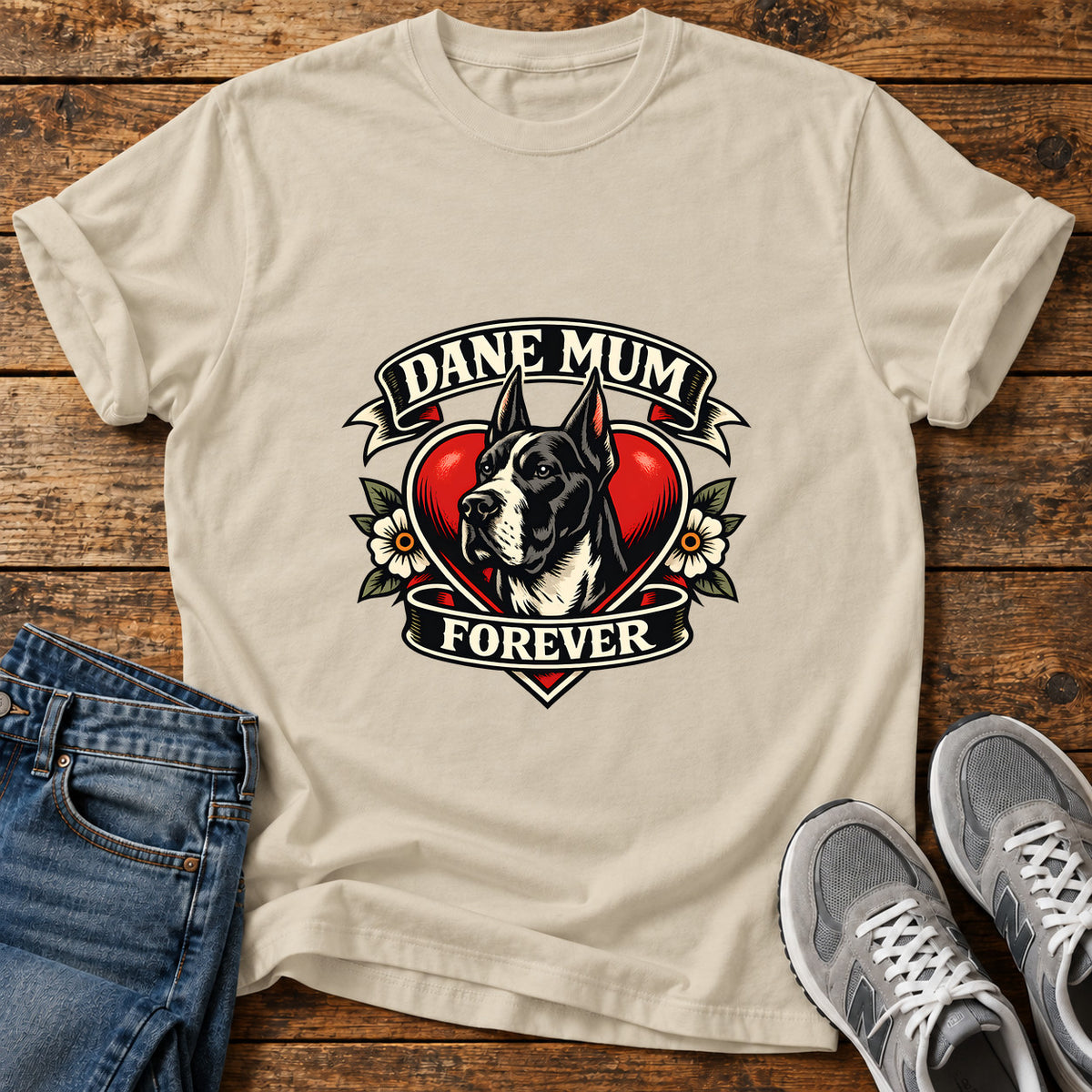 Dane Mum Forever Great Dane graphic T-shirt in Sand, shown on a flat-lay shirt mockup
