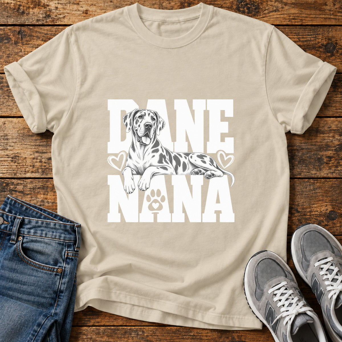Dane Nana Great Dane graphic T-shirt in Sand, shown on a flat-lay shirt mockup