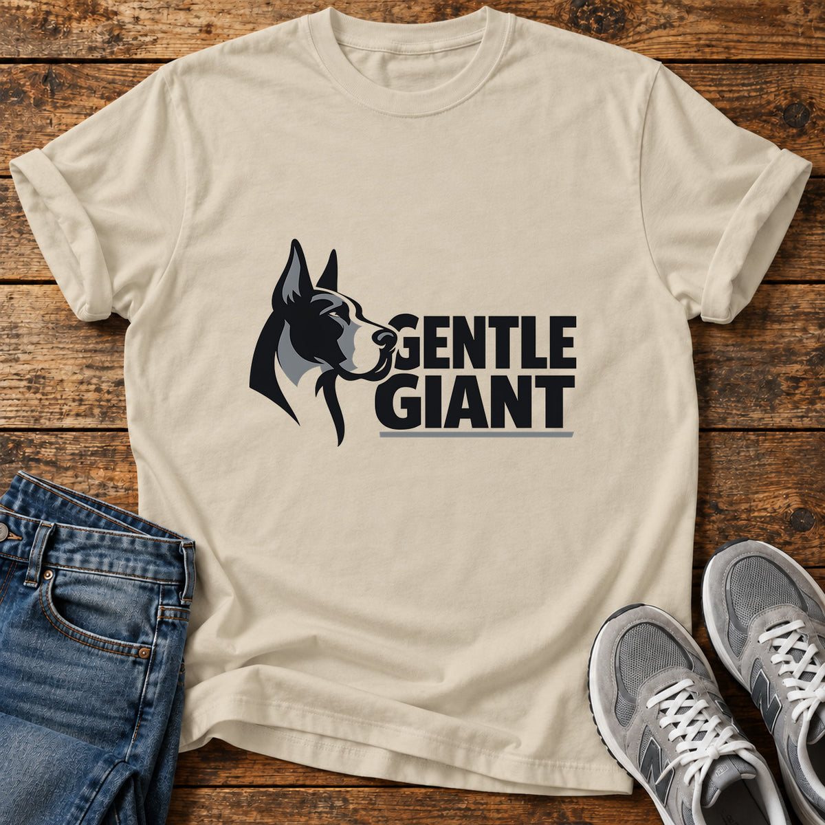 Gentle Giant Great Dane graphic T-shirt in Sand, shown on a flat-lay shirt mockup