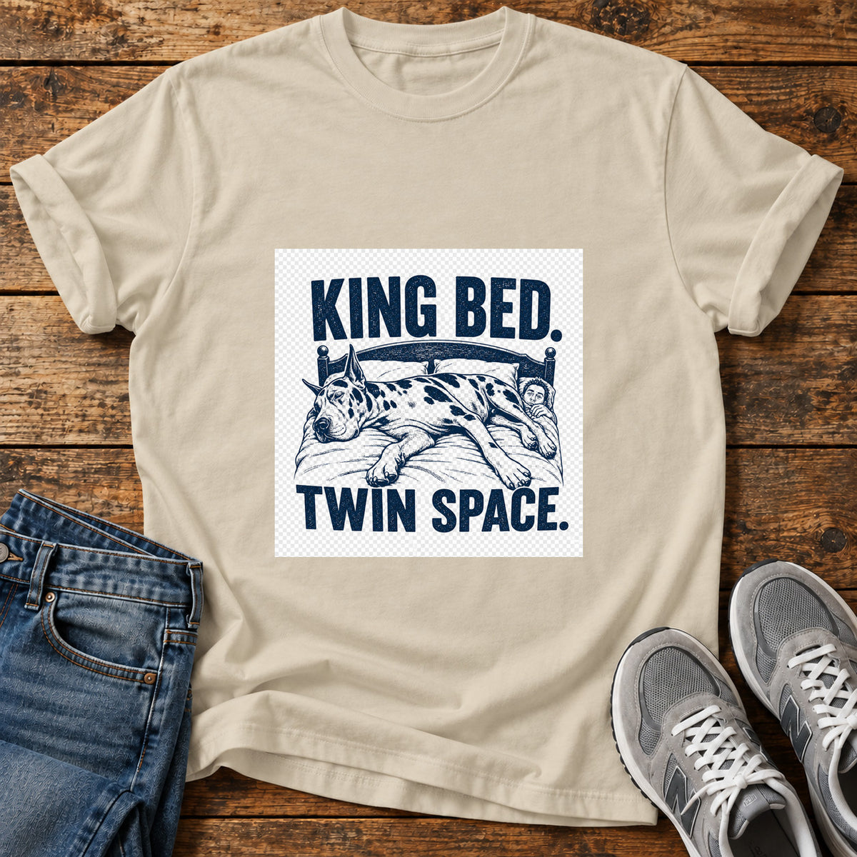King Bed Great Dane graphic T-shirt in Sand, shown on a flat-lay shirt mockup