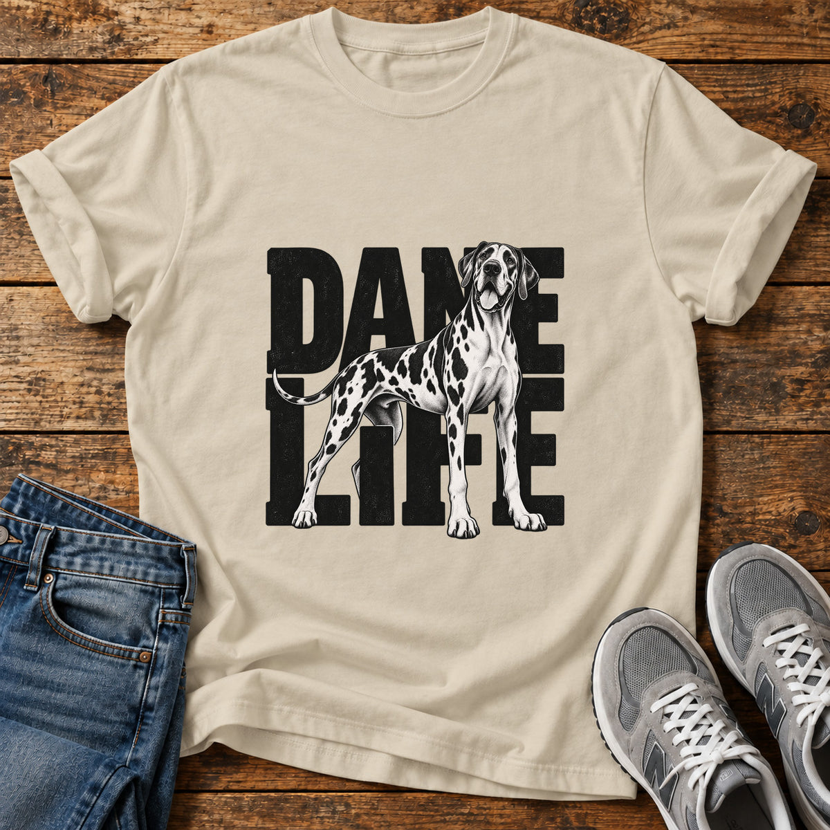 Dane Life Great Dane graphic T-shirt in Sand, shown on a flat-lay shirt mockup