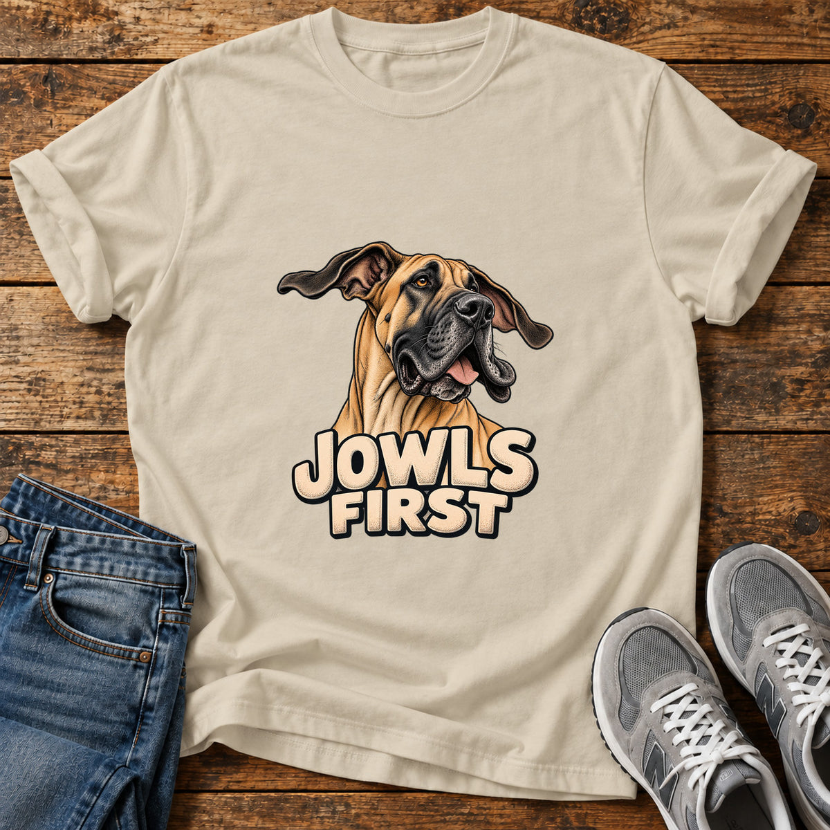 Jowls First Great Dane graphic T-shirt in Sand, shown on a flat-lay shirt mockup