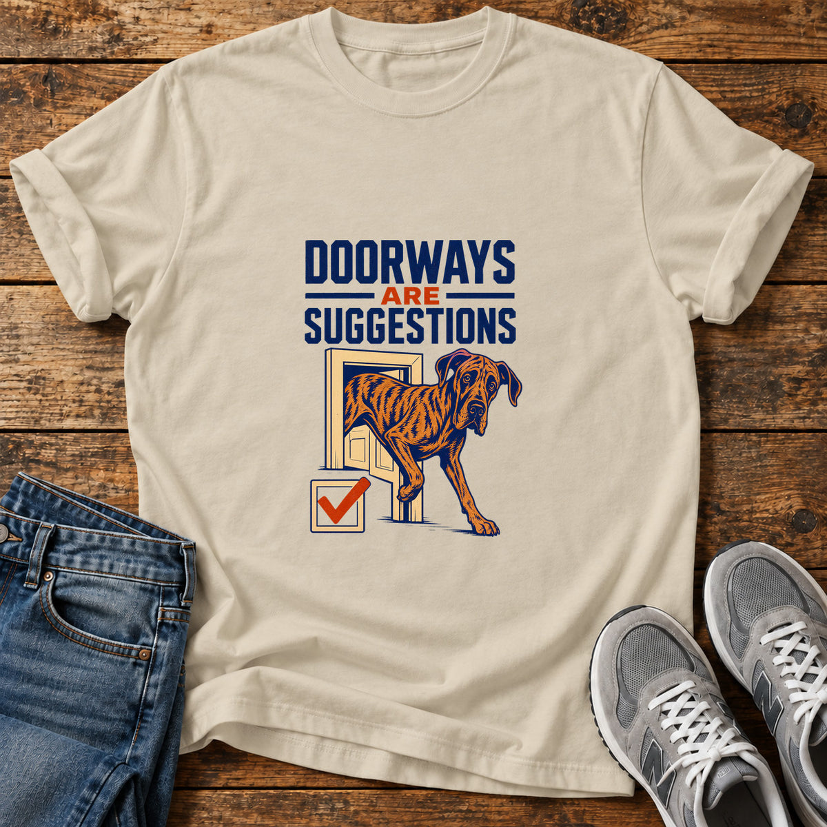 Doorways Suggestions Great Dane graphic T-shirt in Sand, shown on a flat-lay shirt mockup