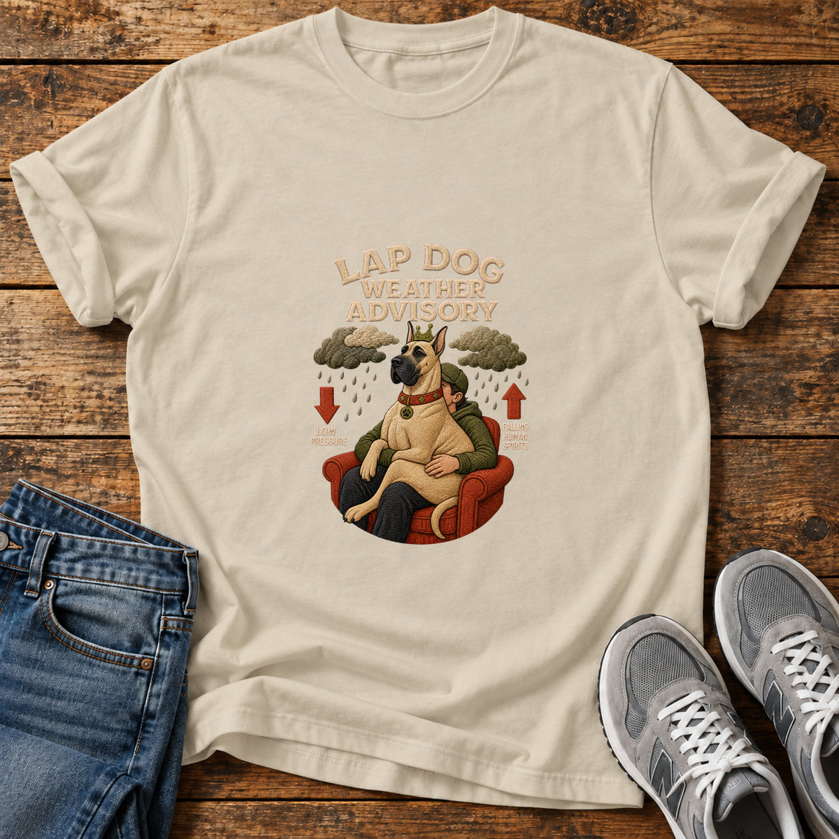Lap Dog Weather Great Dane graphic T-shirt in Sand, shown on a flat-lay shirt mockup