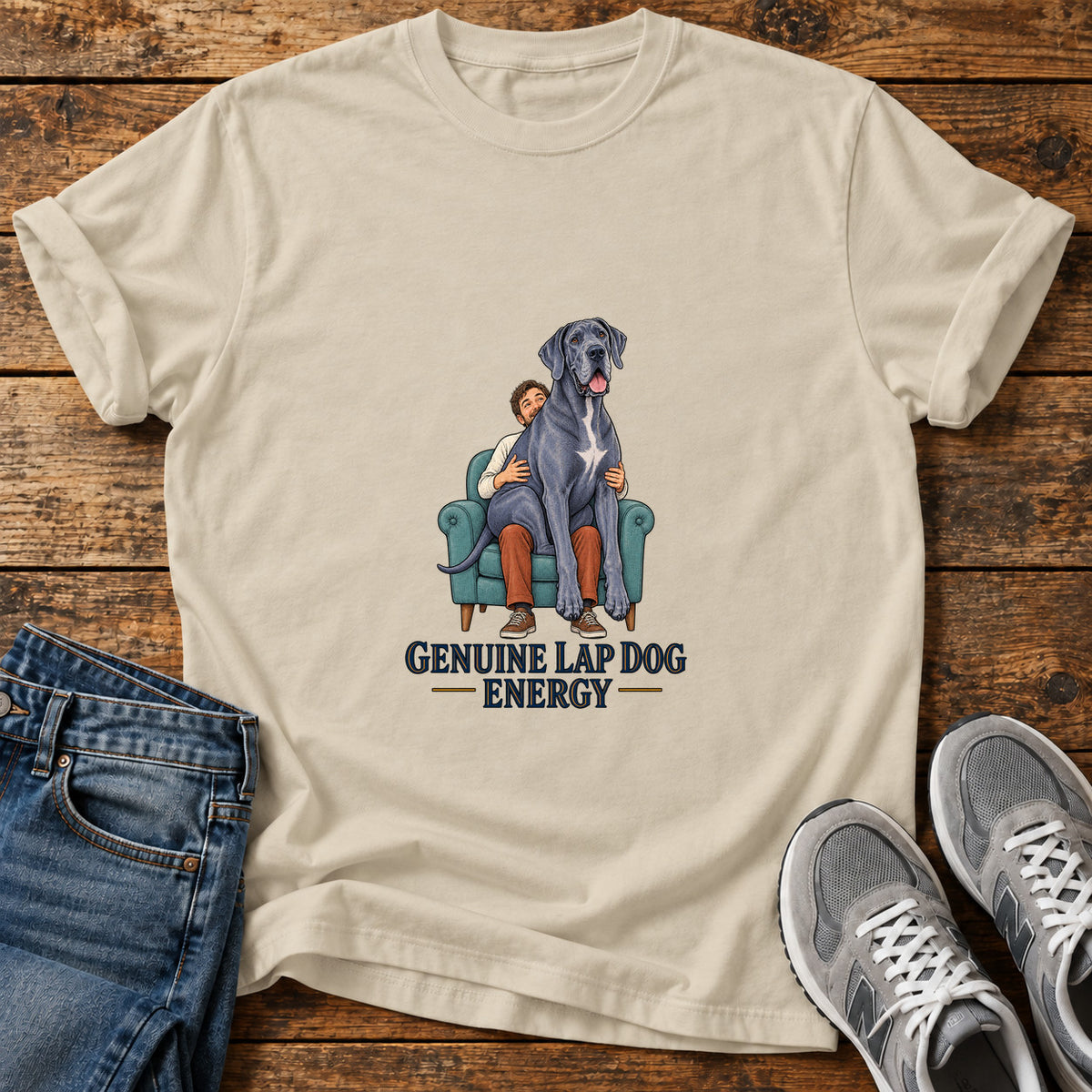 Genuine Lap Energy Great Dane graphic T-shirt in Sand, shown on a flat-lay shirt mockup