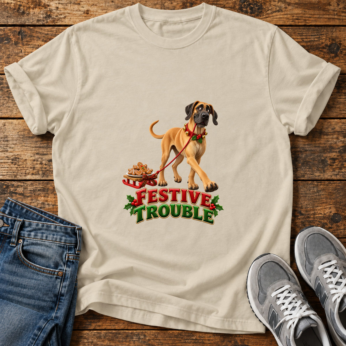 Festive Trouble Great Dane graphic T-shirt in Sand, shown on a flat-lay shirt mockup