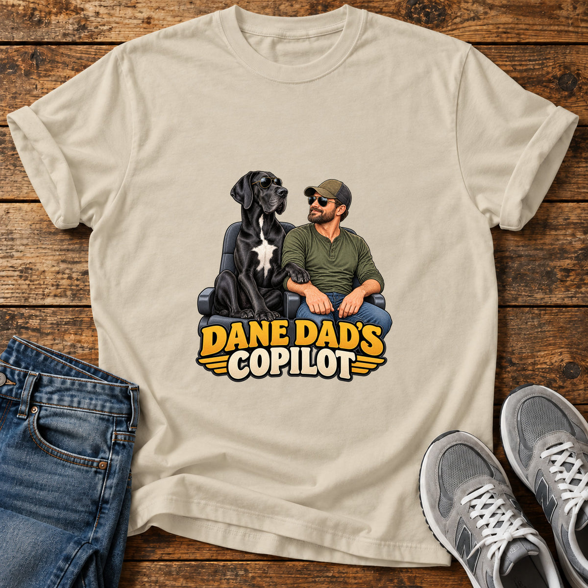 Dane Copilot Great Dane graphic T-shirt in Sand, shown on a flat-lay shirt mockup