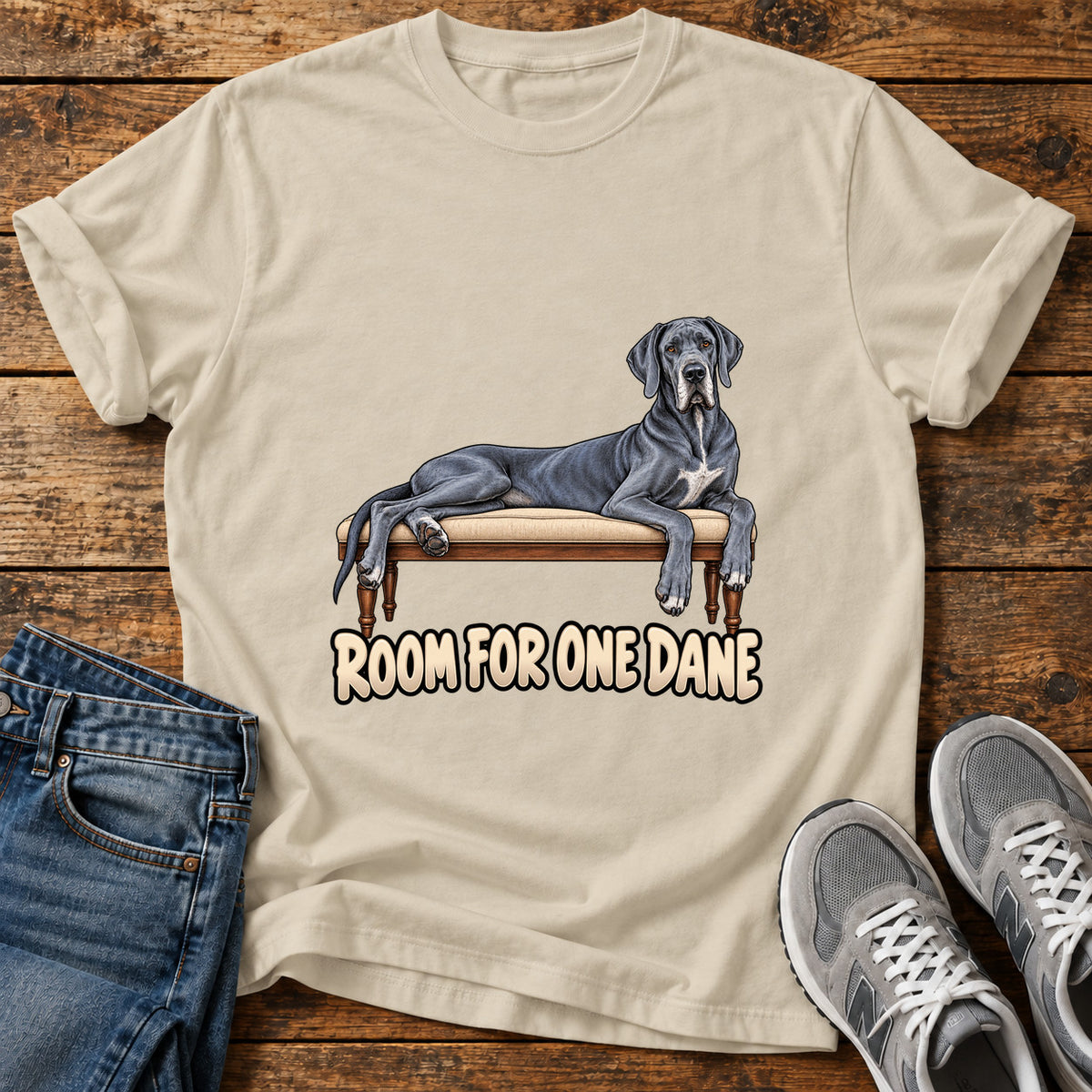 Room For Dane Great Dane graphic T-shirt in Sand, shown on a flat-lay shirt mockup