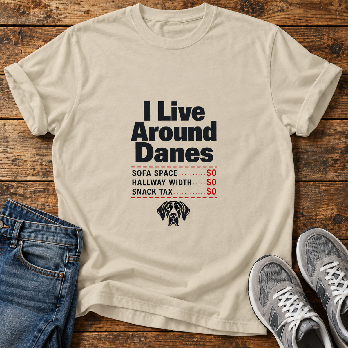 Live Around Danes Great Dane graphic T-shirt in Sand, shown on a flat-lay shirt mockup