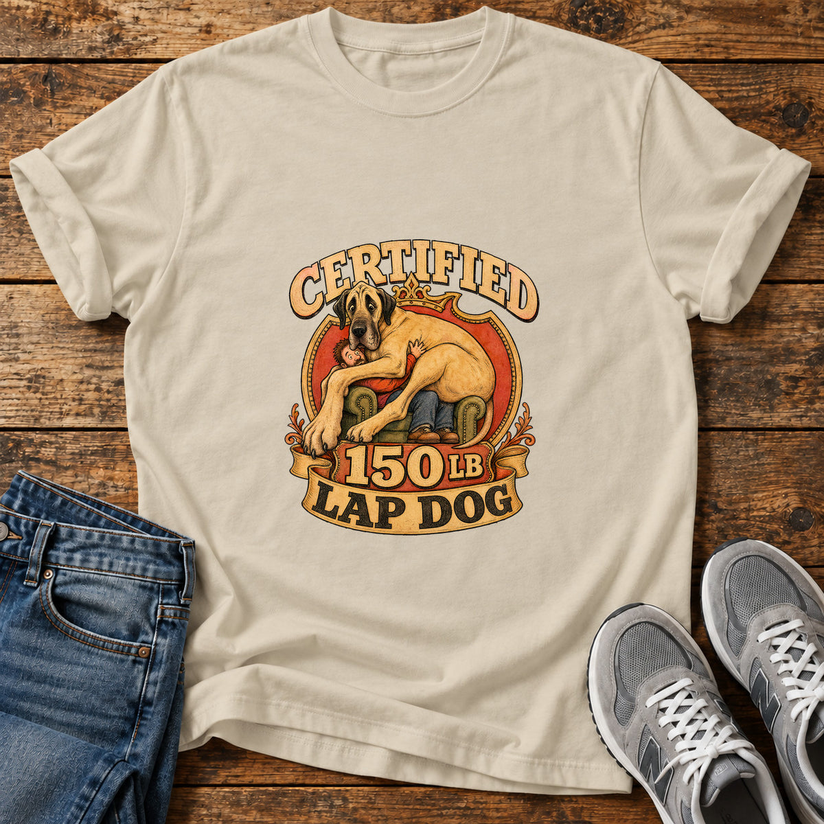 Certified Lap Dog Great Dane graphic T-shirt in Sand, shown on a flat-lay shirt mockup