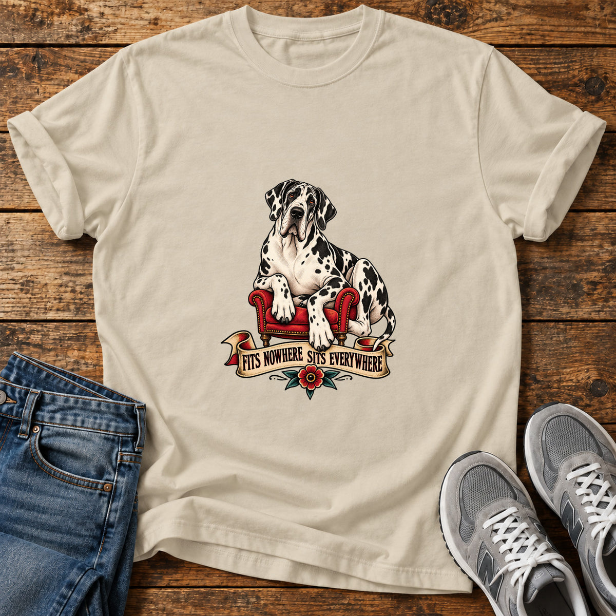 Sits Everywhere Great Dane graphic T-shirt in Sand, shown on a flat-lay shirt mockup