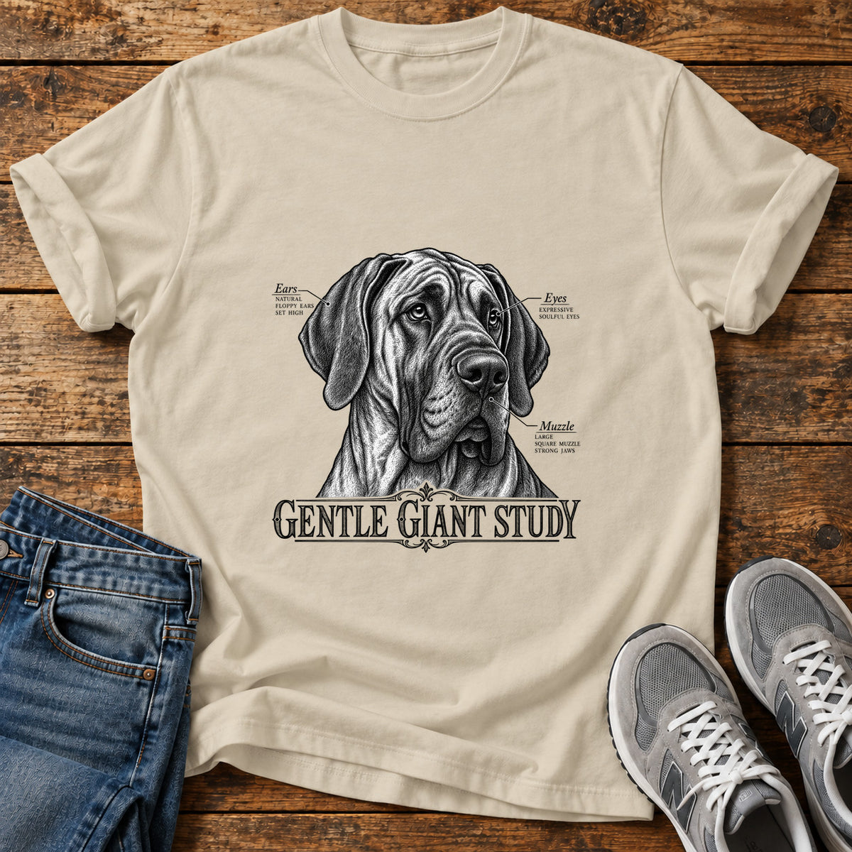 Gentle Giant Study Great Dane graphic T-shirt in Sand, shown on a flat-lay shirt mockup