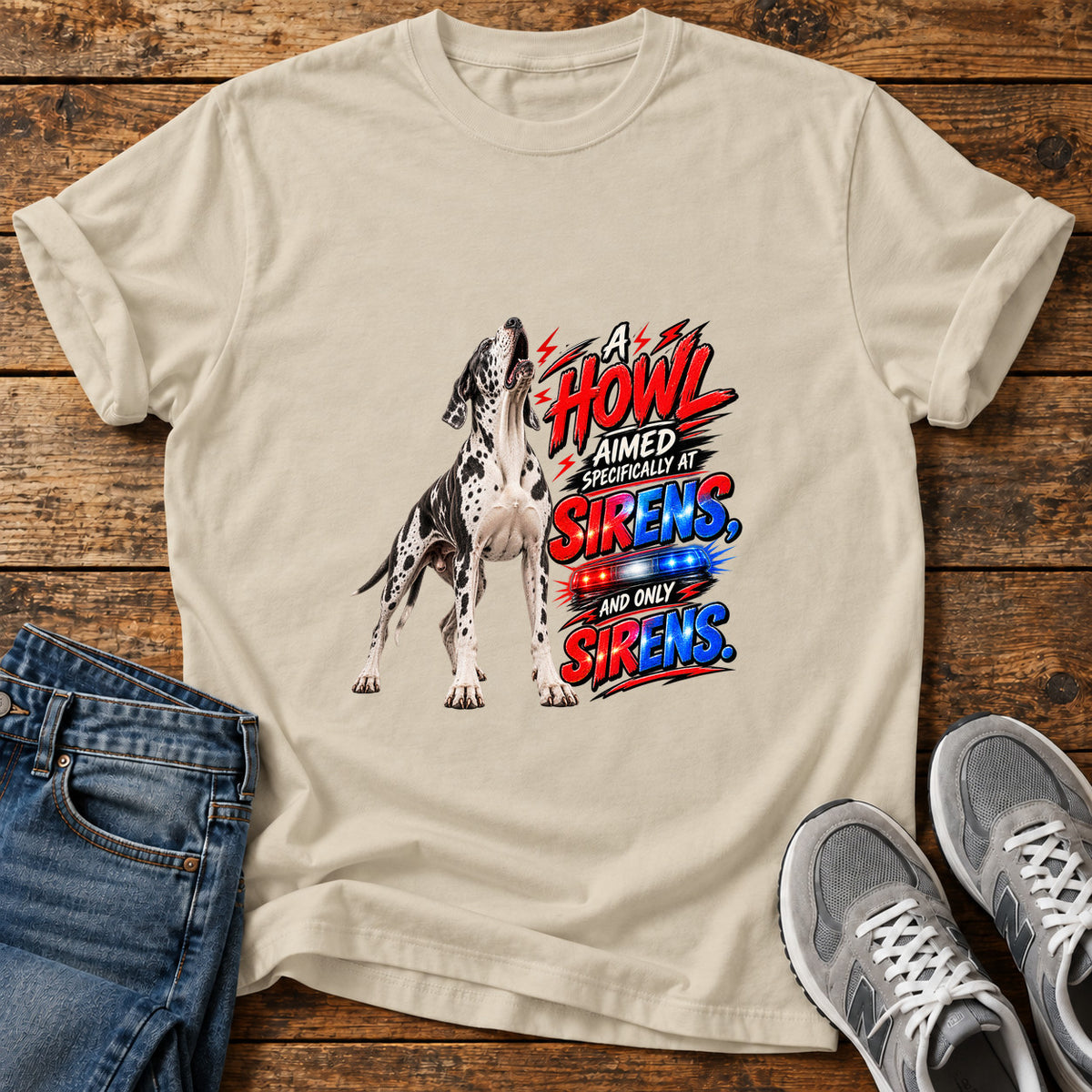 Howl Sirens Great Dane graphic T-shirt in Sand, shown on a flat-lay shirt mockup