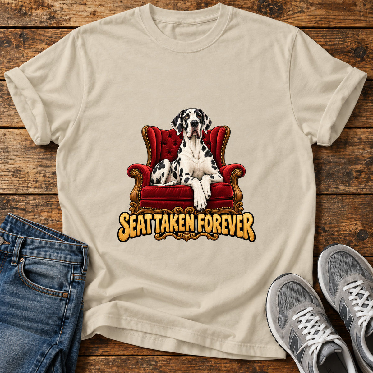 Seat Taken Great Dane graphic T-shirt in Sand, shown on a flat-lay shirt mockup