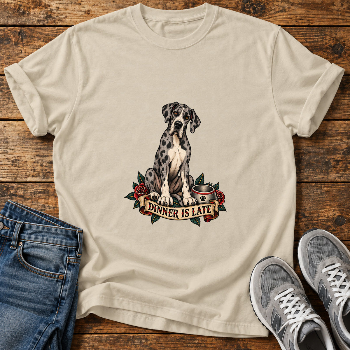 Dinner Is Late Great Dane graphic T-shirt in Sand, shown on a flat-lay shirt mockup