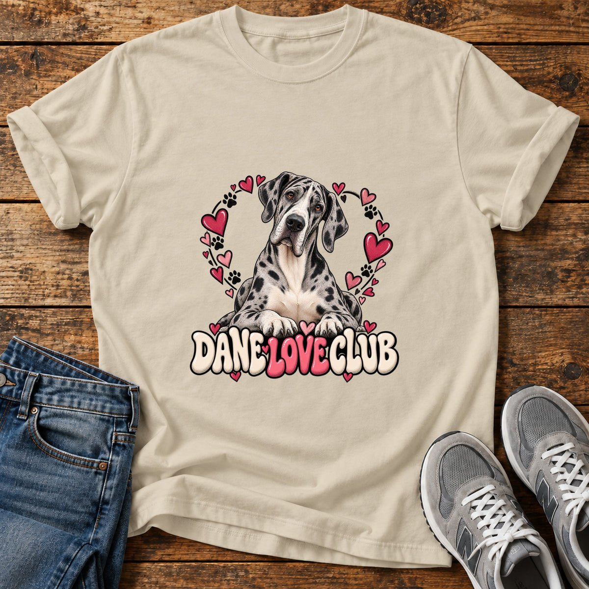 Dane Love Club Great Dane graphic T-shirt in Sand, shown on a flat-lay shirt mockup