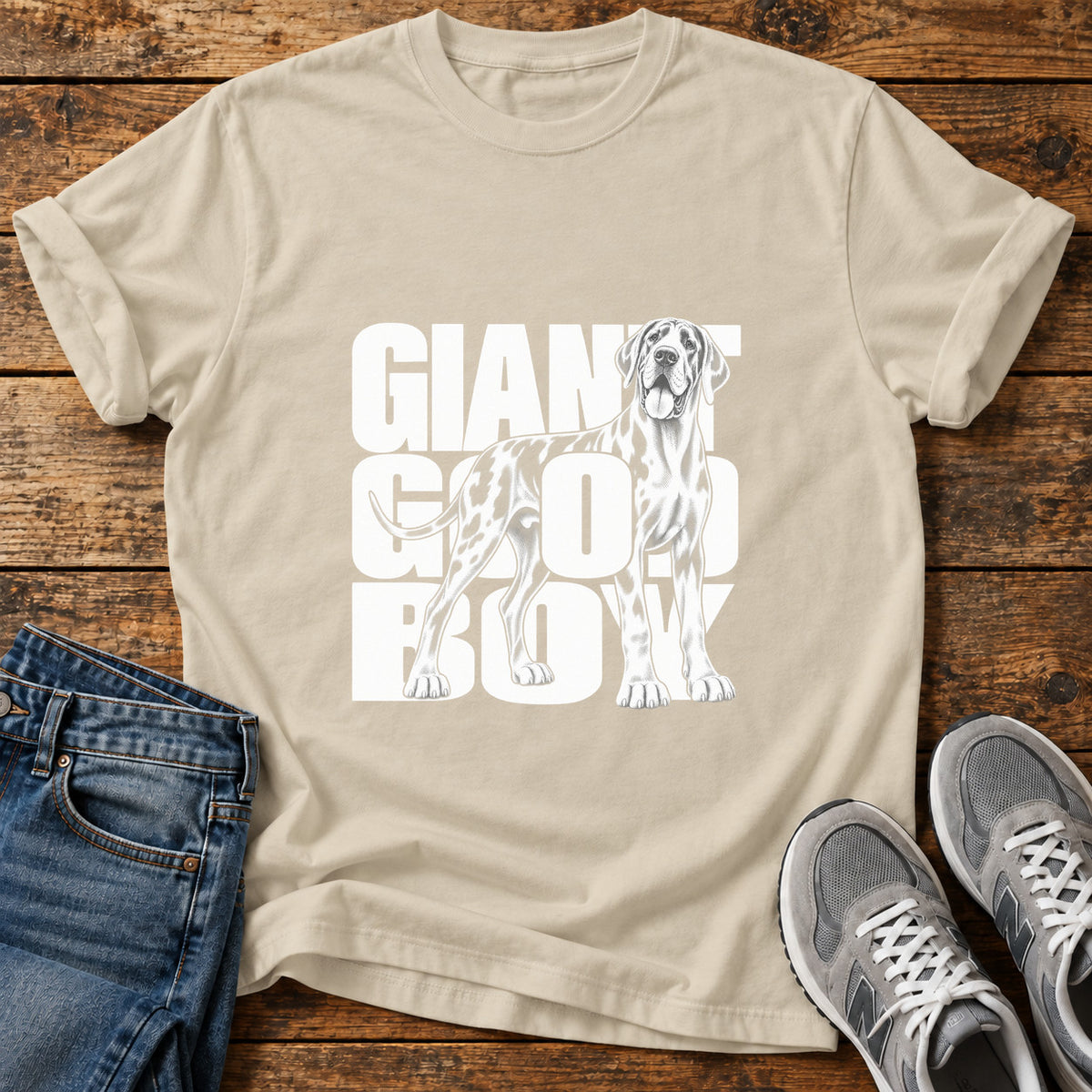 Giant Good Boy Great Dane graphic T-shirt in Sand, shown on a flat-lay shirt mockup