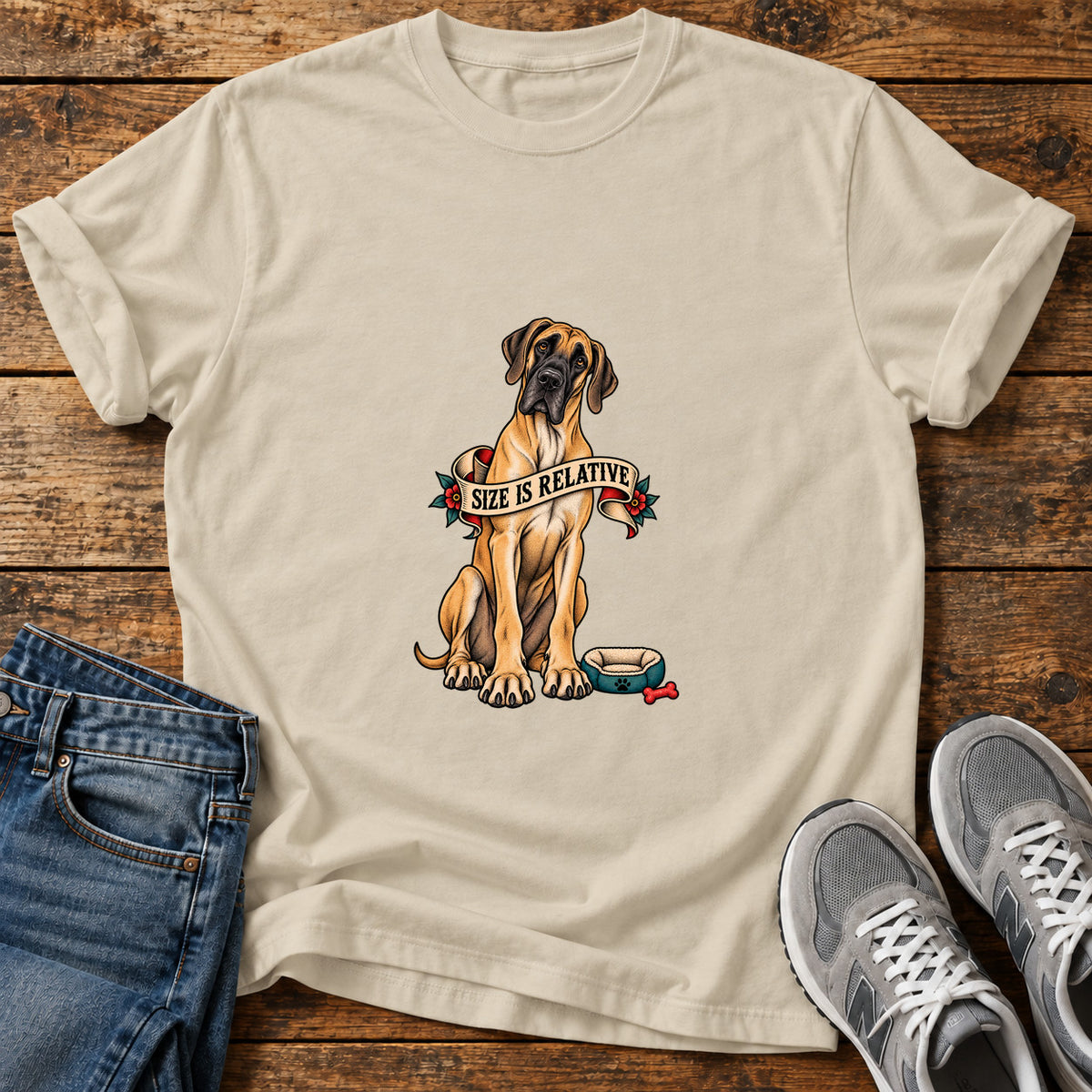 Size Is Relative Great Dane graphic T-shirt in Sand, shown on a flat-lay shirt mockup