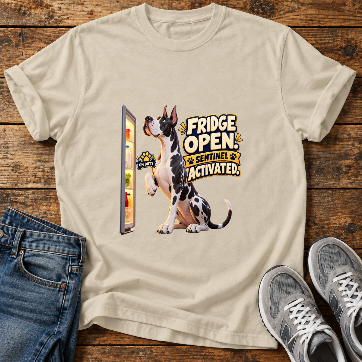 Fridge Sentinel Great Dane graphic T-shirt in Sand, shown on a flat-lay shirt mockup