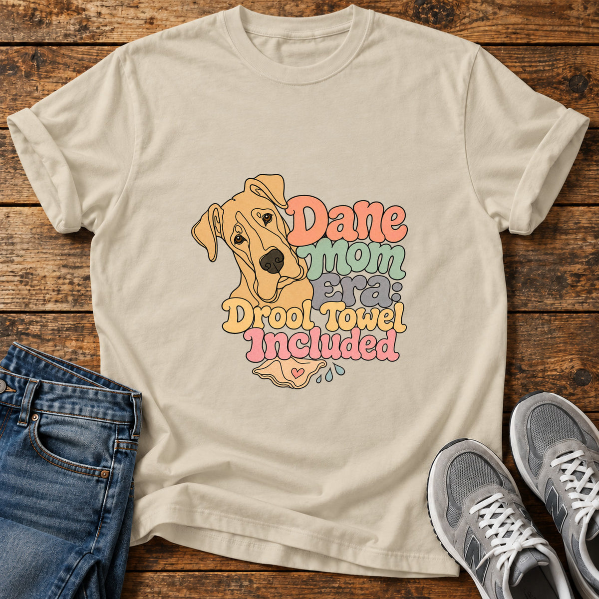 Dane Mom Era Great Dane graphic T-shirt in Sand, shown on a flat-lay shirt mockup